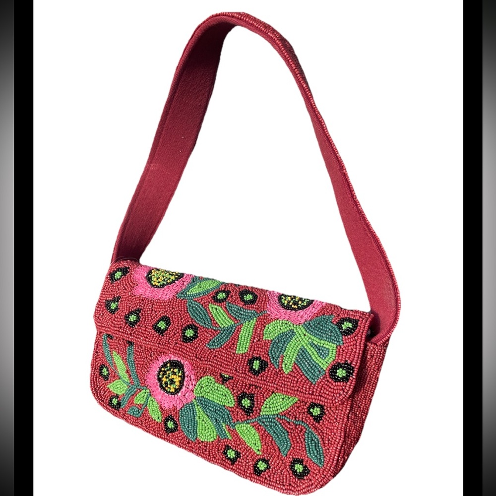 America & Beyond Beaded Red burgundy floral boho Shoulder Bag Purse NWT